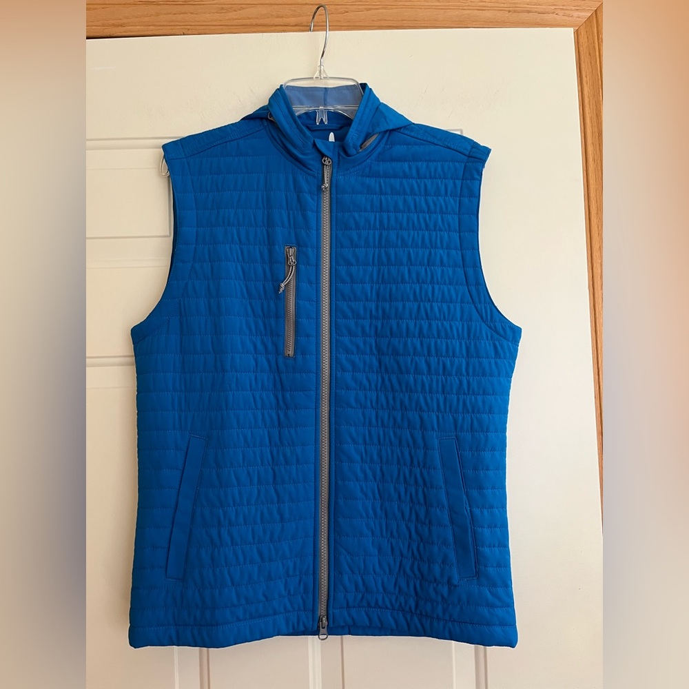 Men’s Johnnie-O blue crosswind sleeveless full zip vest with hood. Size small